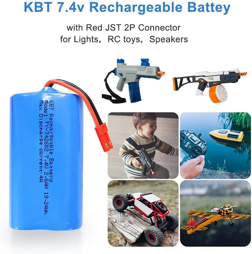 KBT 7.4V 2600mAh Li-ion Rechargeable Battery Pack, Red JST-2P Plug for Electronics, Toys, and RC Vehicles