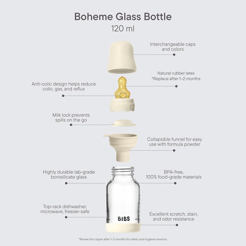 4 oz /120 ml. BIBS Boheme Baby Glass Bottle Anti-Colic. Round Natural Rubber Latex Nipple. Supports Natural