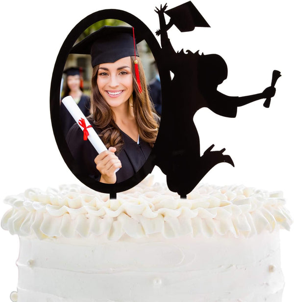 Congrats Grad 2025 Cake Toppers - Black Acrylic Photo Frame Cake Topper for Class of 2025 Graduate Party Supplies