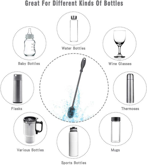 Silicone Bottle Cleaning Brush with Long Handle, 12.5" Water Bottle Cleaner for Baby Bottles and Glassware