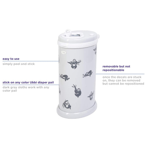 Ubbi Sloth Peel and Stick Decal Stickers, Decorative Sticker for Diaper Pail or Baby Nursery