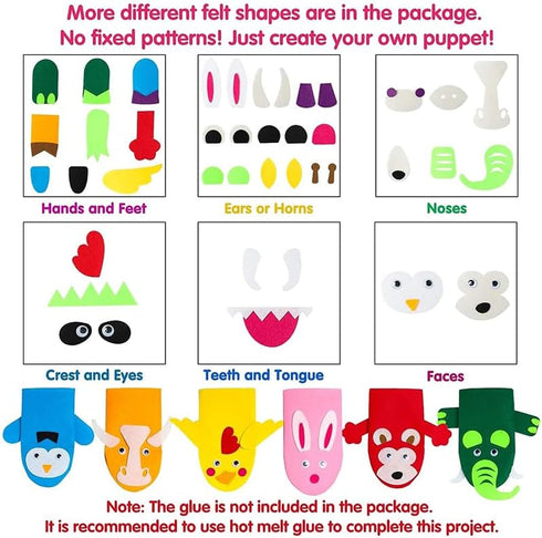 WATINC 12Pcs Hand Puppet Making Kit for Kids, Creative DIY Felt Sock Puppet Toys for Role Play