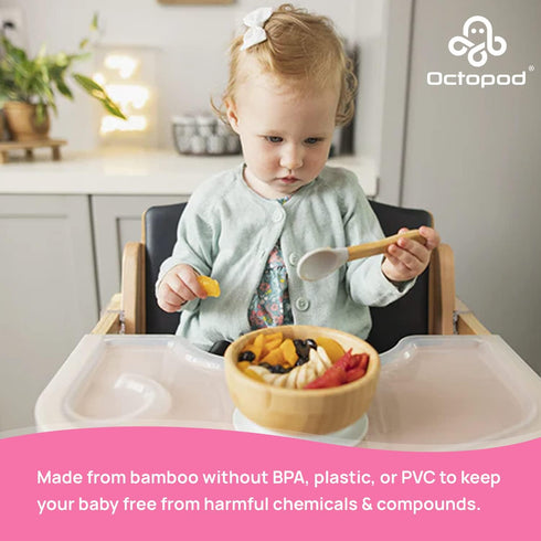 Abiie Octopod Bamboo Baby Bowl Set - Mess-Free High Chair Suction Bowl with Spoon for Toddlers, Blue