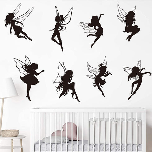 Black Fairy Girls Room Wall Decal, Cute Fairy with Large Wings Silhouette Stickers for Baby Nursery Kids Bedroom Decor