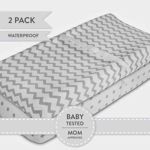 2-Pack Waterproof Changing Pad Cover Sheets for Baby Boy or Baby Girl - (Grey Chevron & Polka Dots)