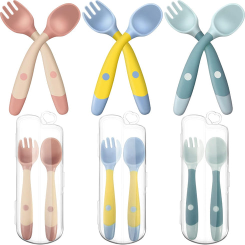 Toddler Utensils Baby Spoons and Forks Set with Case, Bendable Self Feeding Training Flatware for Kids - Green, Pink,