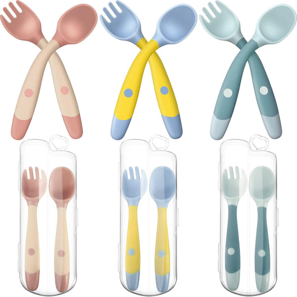 Toddler Utensils Baby Spoons and Forks Set with Case, Bendable Self Feeding Training Flatware for Kids - Green, Pink,