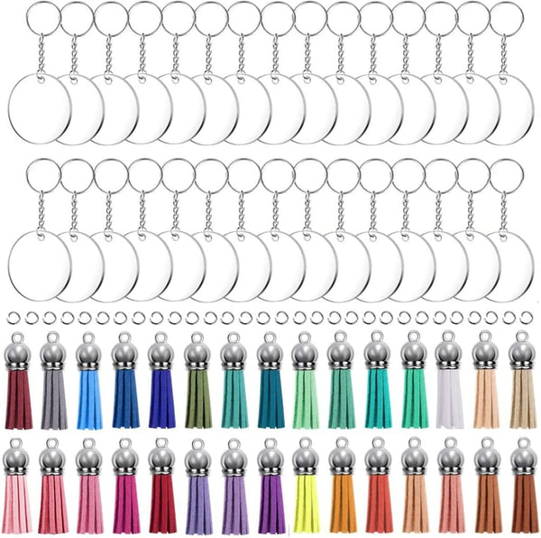 KINGFOREST 120PCS Acrylic Keychain Blanks Kit - 30 Keychain Rings, 30 Jump Rings, 30 Clear Discs, 30 Tassels