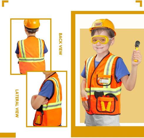 Construction Worker Costume for Boys, Toddler Builder Career Outfit for Pretend Role Play, Ages 3-7
