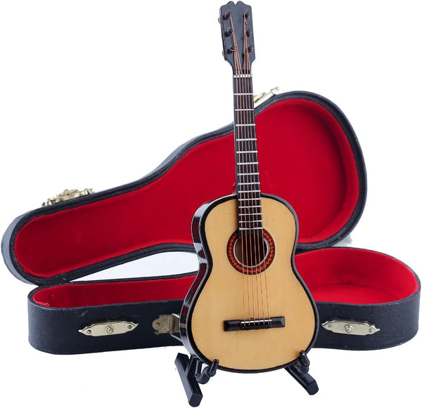Dselvgvu Wooden Miniature Guitar with Stand and Case, Mini Musical Instrument Dollhouse Model (6.51"x2.28"x0.89")