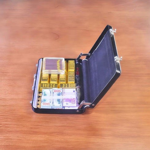 EKKZ 1:6 Set Scale Miniature Black Briefcase with Fake Gold Bars, Mini Dollar Bill Bundles, Vintage Coins & Toy Weapons