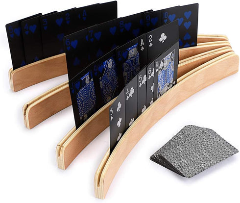 OwnMy Set of 4 Wooden Card Holders for Playing Cards, 13" Curved Wood Organizer for Kids, Adults, and Seniors
