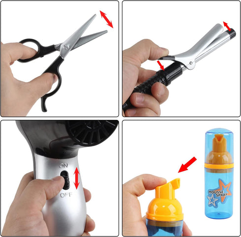 deAO Stylist Hairdresser Barber Salon Role Play Set with Hairdryer, Curling Iron, Belt and Styling Accessories Included – Great Pretend Play Set for Kids