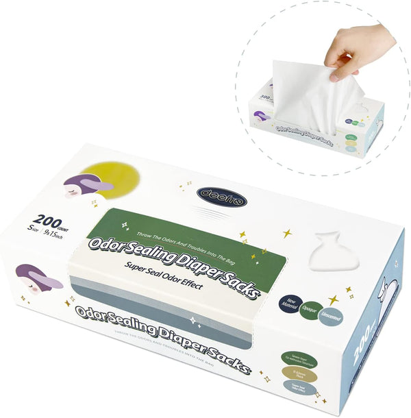Odor Sealing Disposable Diaper Bags, 200 Count, White, Large Capacity, Unscented Diaper