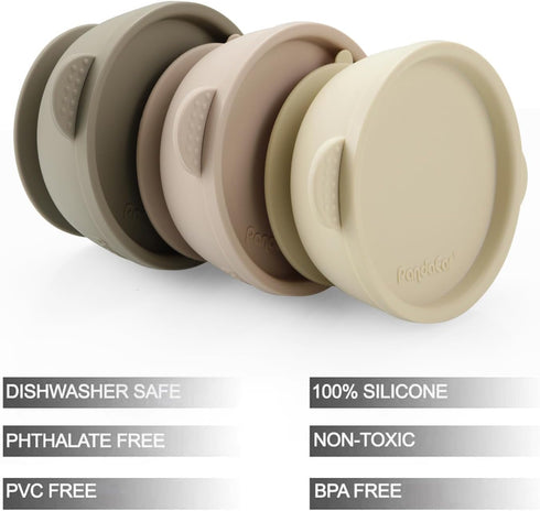 PandaEar 3 Pack Baby Bowls with Suction| Leak-Proof Stay Put Silicone Food Bowl with Lids for Babies Kids Toddlers Infants| Food Grade Soft Safe BPA-Free Silicone (Linen Brown Tan) by PandaEar