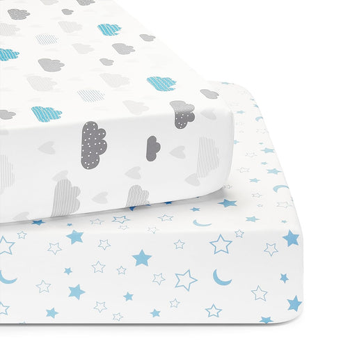 TILLYOU Baby Crib Sheets, 2 Pack Super Soft Toddler Bed Sheets for Standard Crib Mattress 28x52in, Blue Clouds and Stars