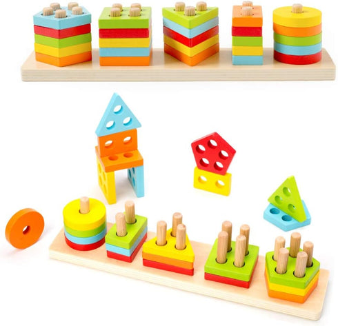 WOOD CITY Wooden Sorting & Stacking Toy, Montessori Shape Sorter for Toddlers, Early Educational Block Puzzles for Kids