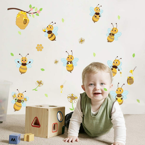 Yellow Bee Wall Stickers, Flower Beehive Branch Wall Decals Art Decor for Kids Bedroom Nursery Playroom