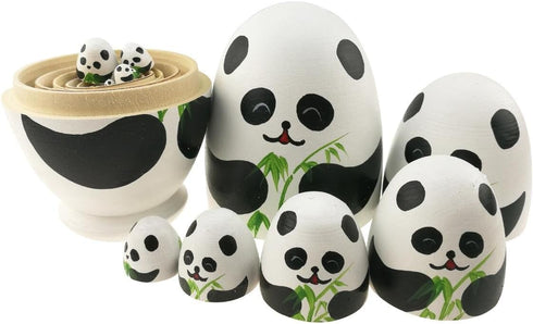 Cute Animal Theme Black and White Panda Egg Shape Wooden Nesting Dolls Set - 10 Pieces for Kids Toy