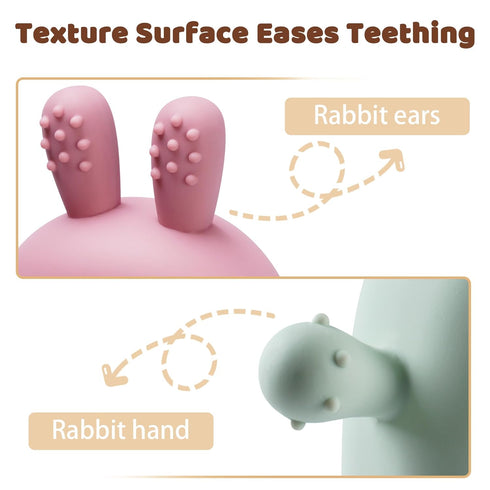 2 Packs Bunny Teething Toys for Babies 0-6 Months, 100% Food-Grade Silicone Teething Mitten, BPA Free, Red & Green