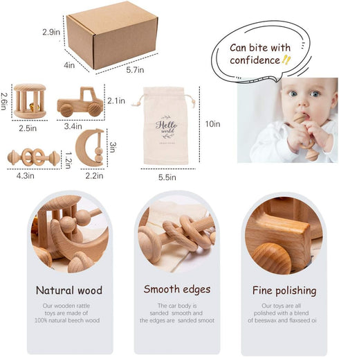 Wood Baby Rattle Personalizable Infant Rattle, Sensory Development Wooden Toys Set