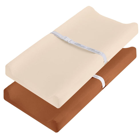 Pro Goleem Muslin Changing Pad Cover for Boys & Girls - Soft Breathable Fitted Cotton Sheets, 2 Pack (Brown & Beige)