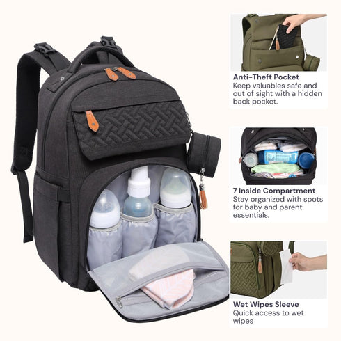 Backpack BabbleRoo Diaper Bag - Travel Large Baby Diaper Bag with Changing pad, Waterproof Baby Bags for Mom & Dad
