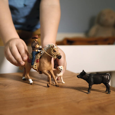 Schleich Farm World Rodeo Calf Adventure Playset, Cowboy Rider Figurine with Horse, Cow, and Dog, 6-Piece Set