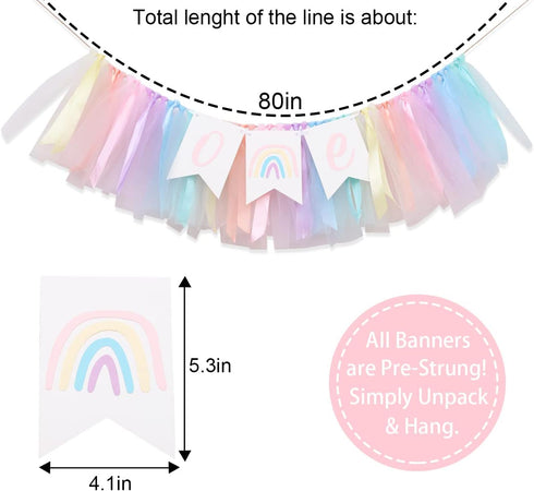 LINLULU 1st Pastel Rainbow High Chair Banner - Tulle & Ribbon Highchair Banner for Birthday Girl, Rainbow Decorations