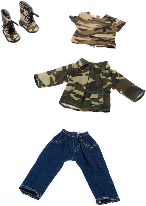 Military Style 18 Inch Doll Clothes - 4 Piece Outfit with Camouflage Jacket, T-Shirt, Jeans and Boots (Dolls Not
