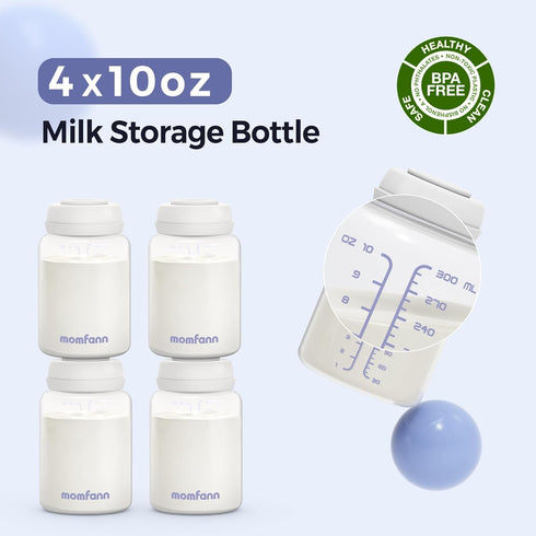4 Pack, 10oz MOMFANN Breastmilk Storage Bottle Milk Storage Bottle Wide-Neck Fit for Most Nipples, Leak-Proof