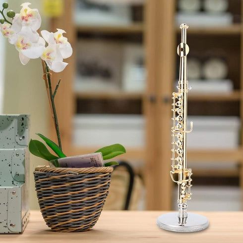 Miniature Flute, 11cm Gold Flute with Stand and Case, Copper Mini Musical Instrument for Dollhouse Decor