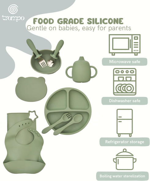 Trompo Set 10 2 2Forks Food-grade Silicone Baby Feeding Pieces | BPA-Free | Includes Plate, Bowl, Sippy cup, Spoons