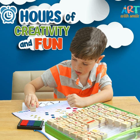 Set 72 3-Color 3 Wooden Large Stamp Premium for Kids. Pcs Alphabet Stamps. Letters, Numbers, Washable Ink Pad, Refill