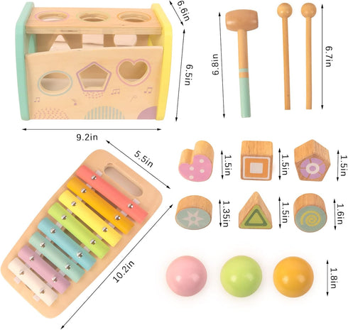 Hammering 3 Pounding Toys Wooden Educational Toy Xylophone Shape Sorter, Birthday Gift for Years Boys Girls Baby