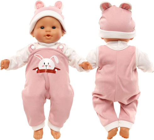 Baby Doll Clothes Pink Rabbit Top Jumpsuit with Cap Handmade Rompers Outfits for 14 to 16 Inch Doll Clothing Set