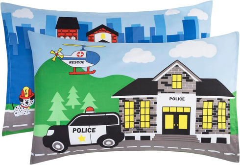4 Set EVERYDAY KIDS Piece Toddler Bedding -Fire and Police Rescue- Includes Comforter, Flat Sheet, Fitted Sheet