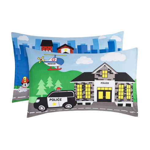 3-Piece Set Set EVERYDAY KIDS Toddler Fitted Sheet, Flat Sheet and Pillowcase - Police, Fire and Rescue - Soft
