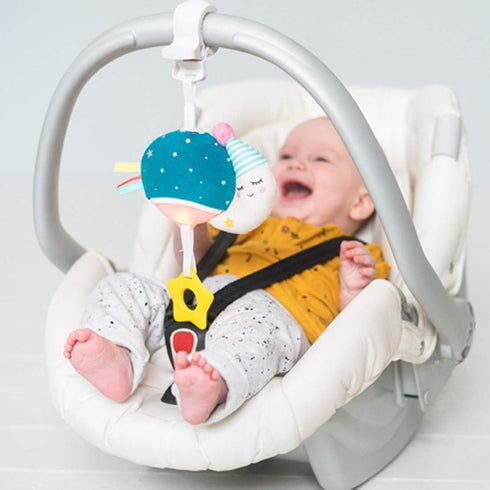 Taf Toys Musical Mini Moon, On-The-Go Pull Down Hanging Infant Toy with Music and Lights, Travel Companion for Baby