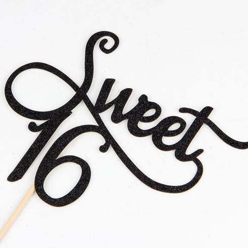 Black Glitter Sweet 16 Cake Topper for 16th Birthday Party Decoration Supplies