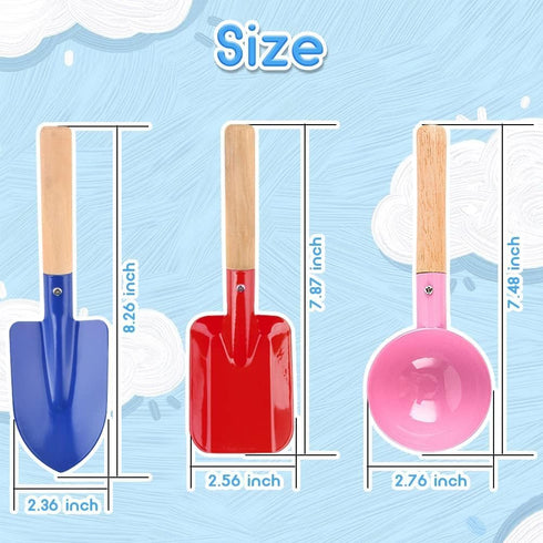 UMUACCAN 6Pcs 8'' Set, Beach Toys for Kids, Kids Gardening Tools Sand Toys Metal Garden Tools with Sturdy Wooden