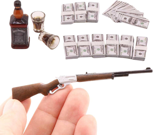 FTYHXP 1 Set Miniature Things 1/12 Scale Dollhouse Accessories Miniature Money Mini Gun