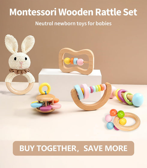 6 Set, 0-6-12 0-6 PCS Wooden Baby Rattle, Organic Colorful Baby Hand Rattles Wood Rattles for Babies Months, Wooden