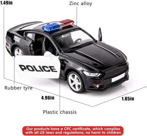 BDTCTK 1/36 Ford Mustang GT Police Car Model, Zinc Alloy Die-Cast Pull Back Vehicles for Kids (Black)