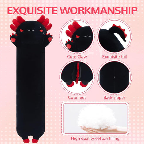 Long Axolotl Stuffed Animal, Soft Plush Body Pillow, Cute Gifts for Kids, Girlfriend (Black & Red, 110cm)