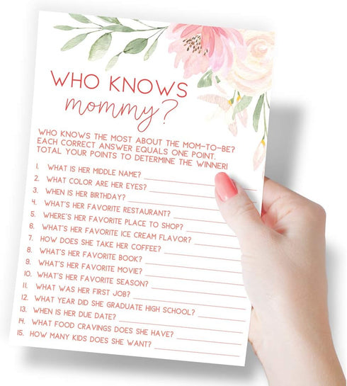 Printed Party Baby Shower Game, Who Knows Mommy Best, Floral, 50 Cards