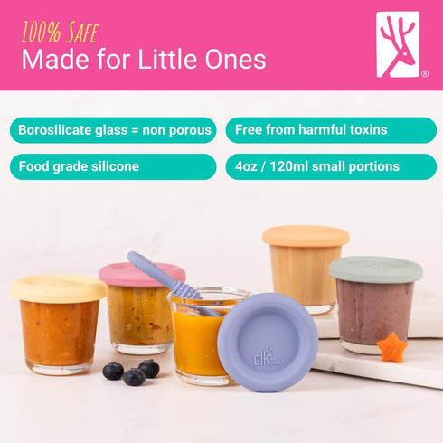 4oz Set 6 Elk and Friends Borosilicate Glass Baby Food Storage Jars with Silicone Lid | Strong Glass | of | Microwave
