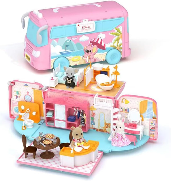 MITCIEN Dollhouse Playset, DIY Pretend Portable Caravan Camper Bus Toy Kit with