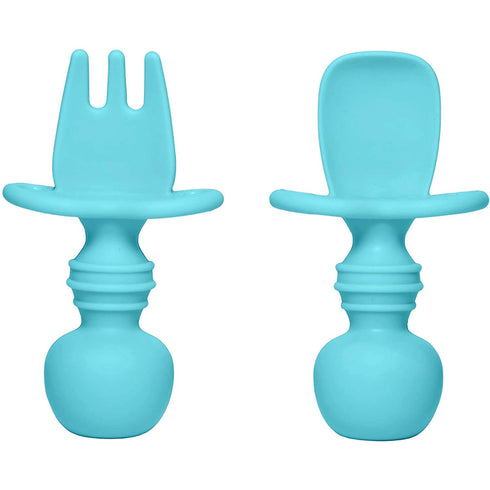 Silikong Silicone Utensils - Baby Fork and Spoon Set, Training Utensils for Ages 6 Months, Blue