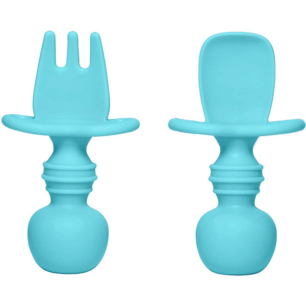 Silikong Silicone Utensils - Baby Fork and Spoon Set, Training Utensils for Ages 6 Months, Blue